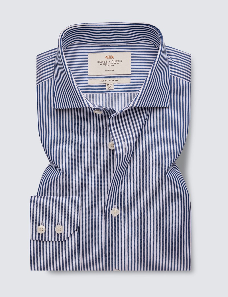Non Iron Navy & White Stripe Extra Slim Fit Shirt With Windsor Collar - Single Cuffs