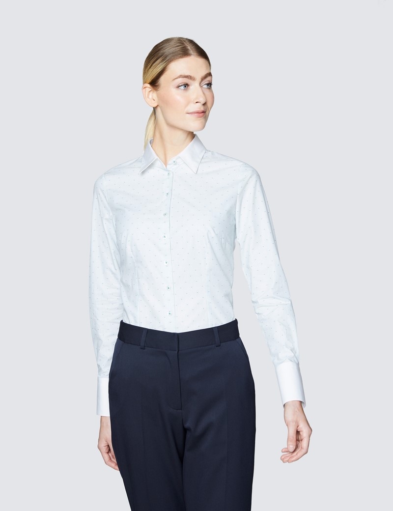 Women's Executive White & Green Fitted Shirt with White Collar & Single Cuffs