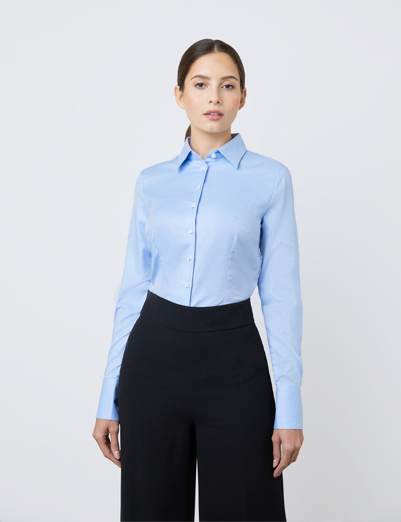 Women's Light Blue Twill Fitted Executive Shirt - Single Cuff
