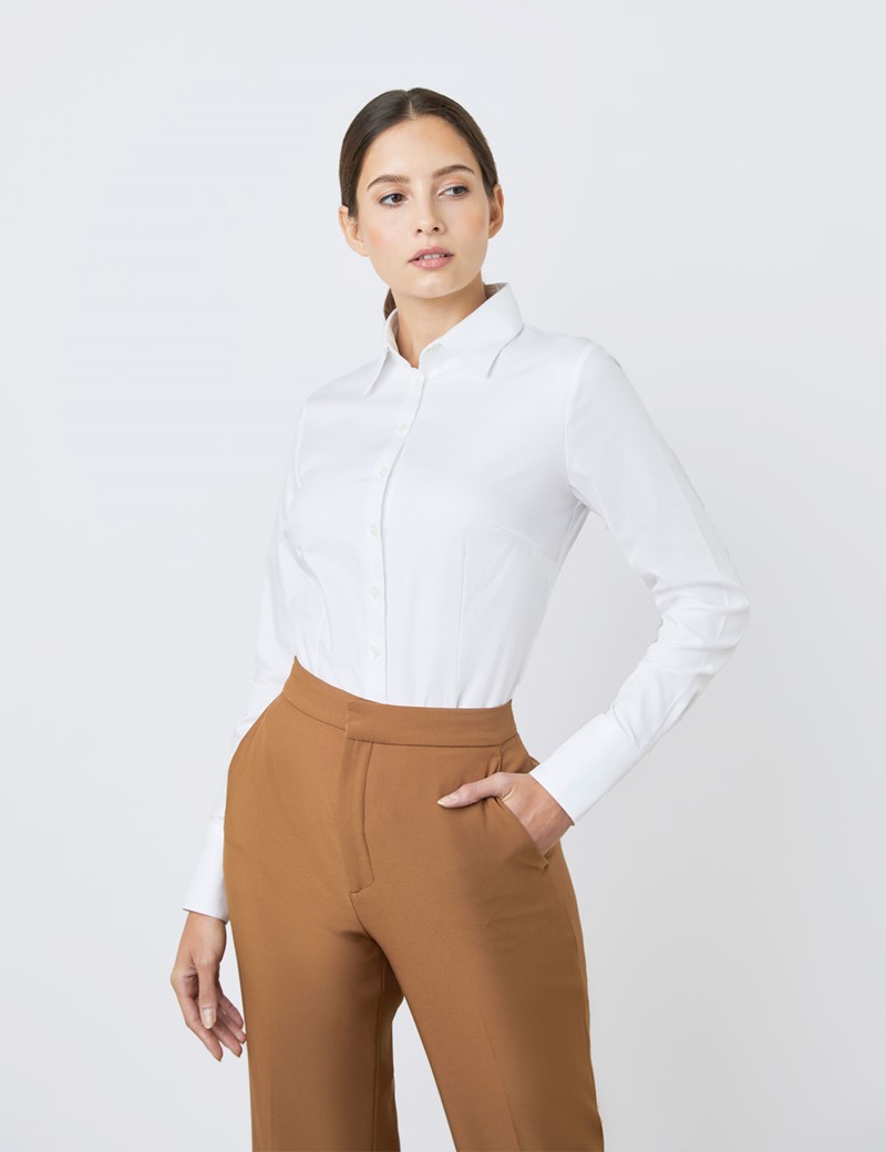 Women's White Twill Fitted Executive Shirt - Single Cuff