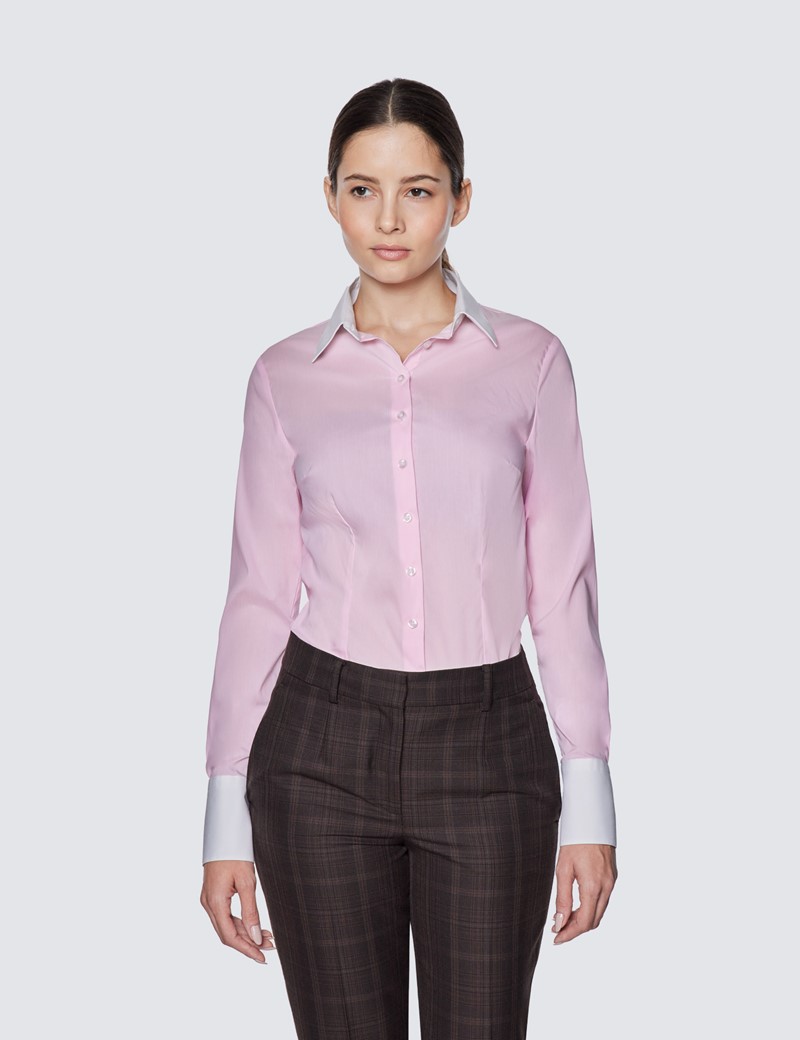 Women's Light Pink Fitted Luxury Cotton Nylon Shirt with White Collar & Cuffs