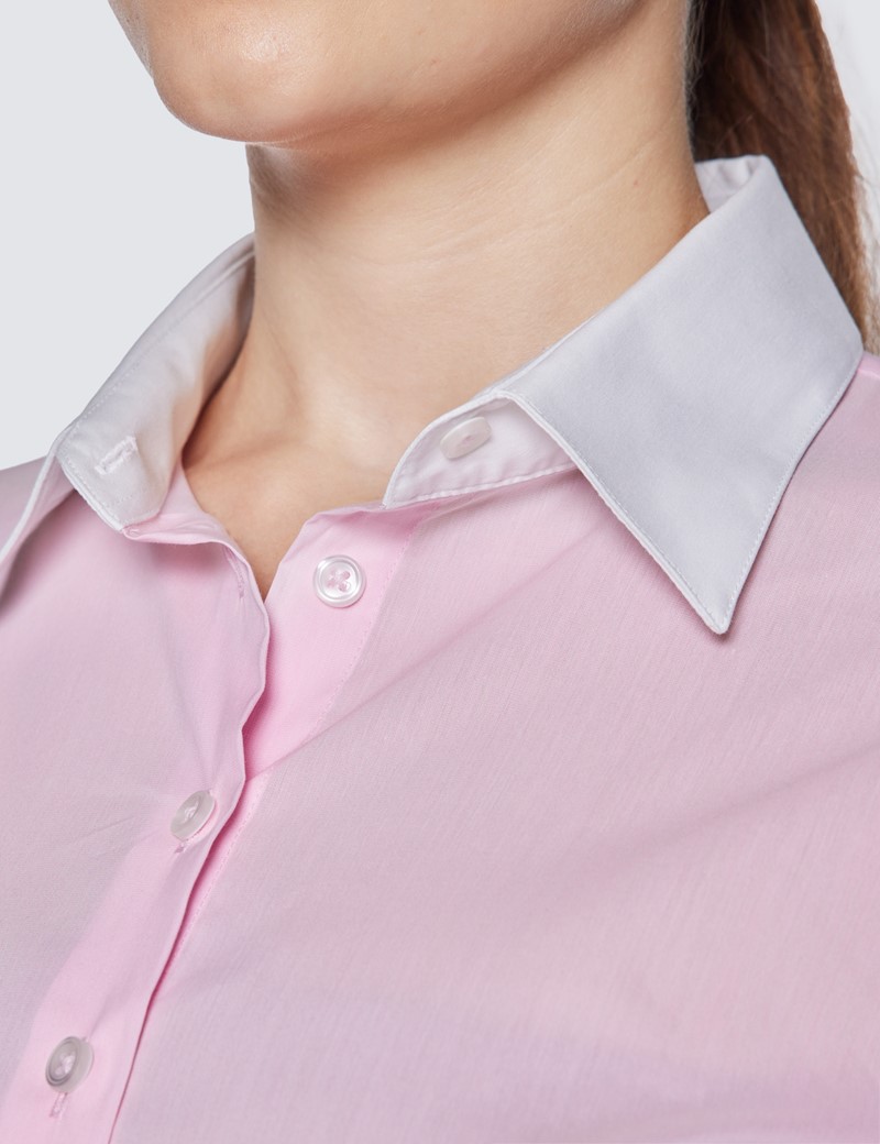 Women's Light Pink Fitted Luxury Cotton Nylon Shirt with White Collar & Cuffs
