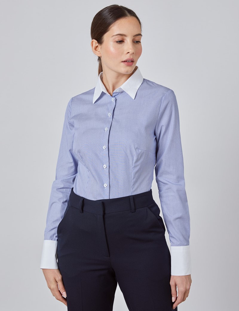 Women's Executive Blue & White Fine Stripe Fitted Shirt With White Collar and Cuff - Single Cuff