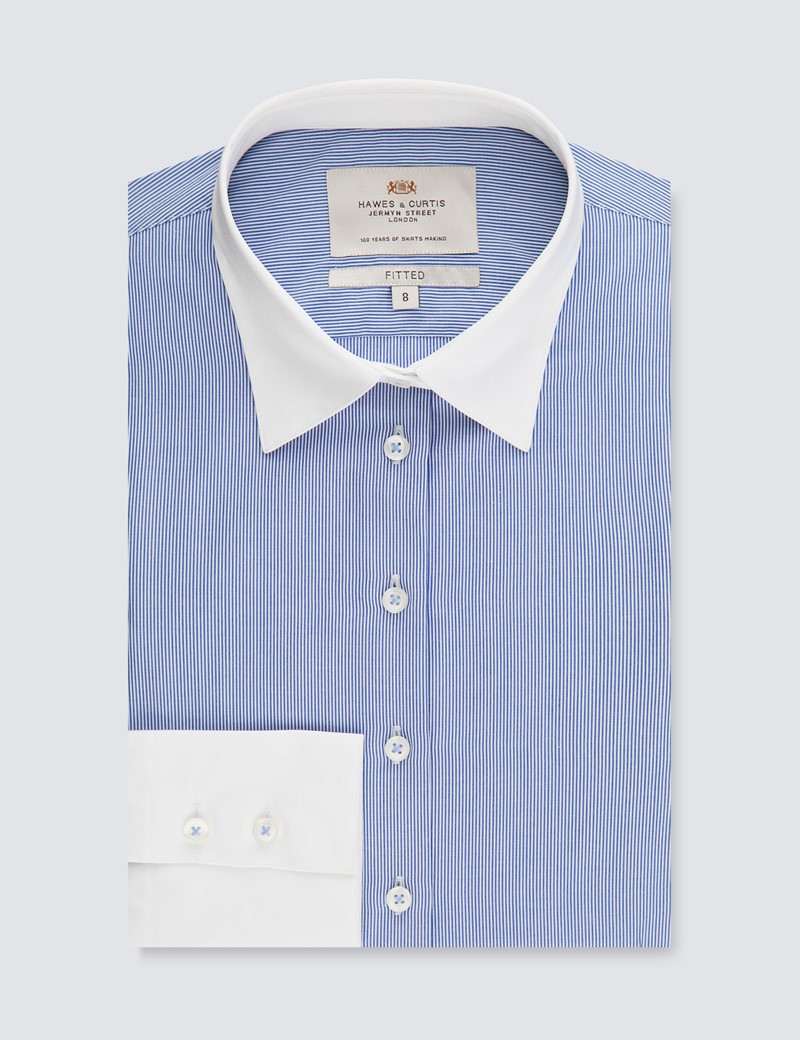 Women's Executive Blue & White Fine Stripe Fitted Shirt With White Collar and Cuff - Single Cuff