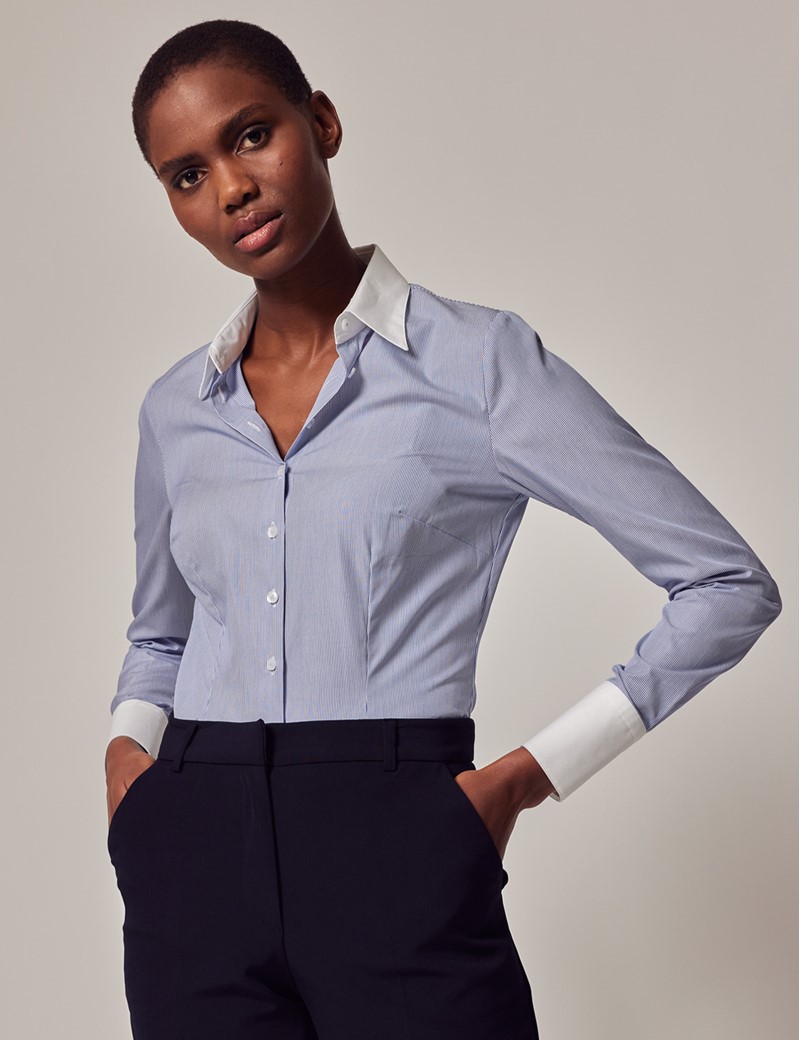 Women's Executive Blue & White Fine Stripe Fitted Shirt With White ...