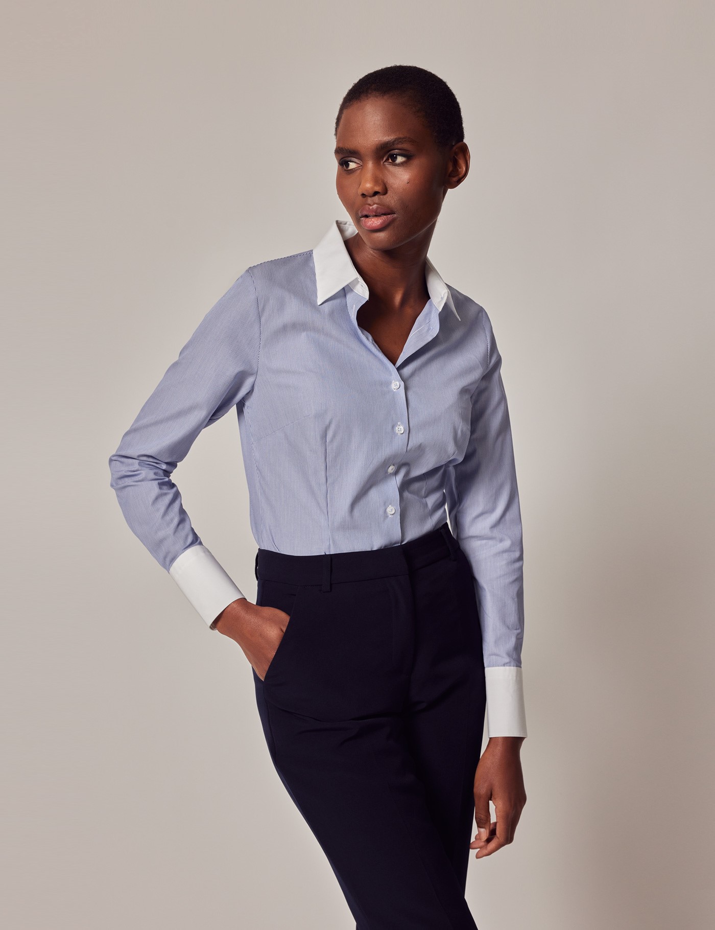 Women's Executive Blue & White Fine Stripe Fitted Shirt With White ...