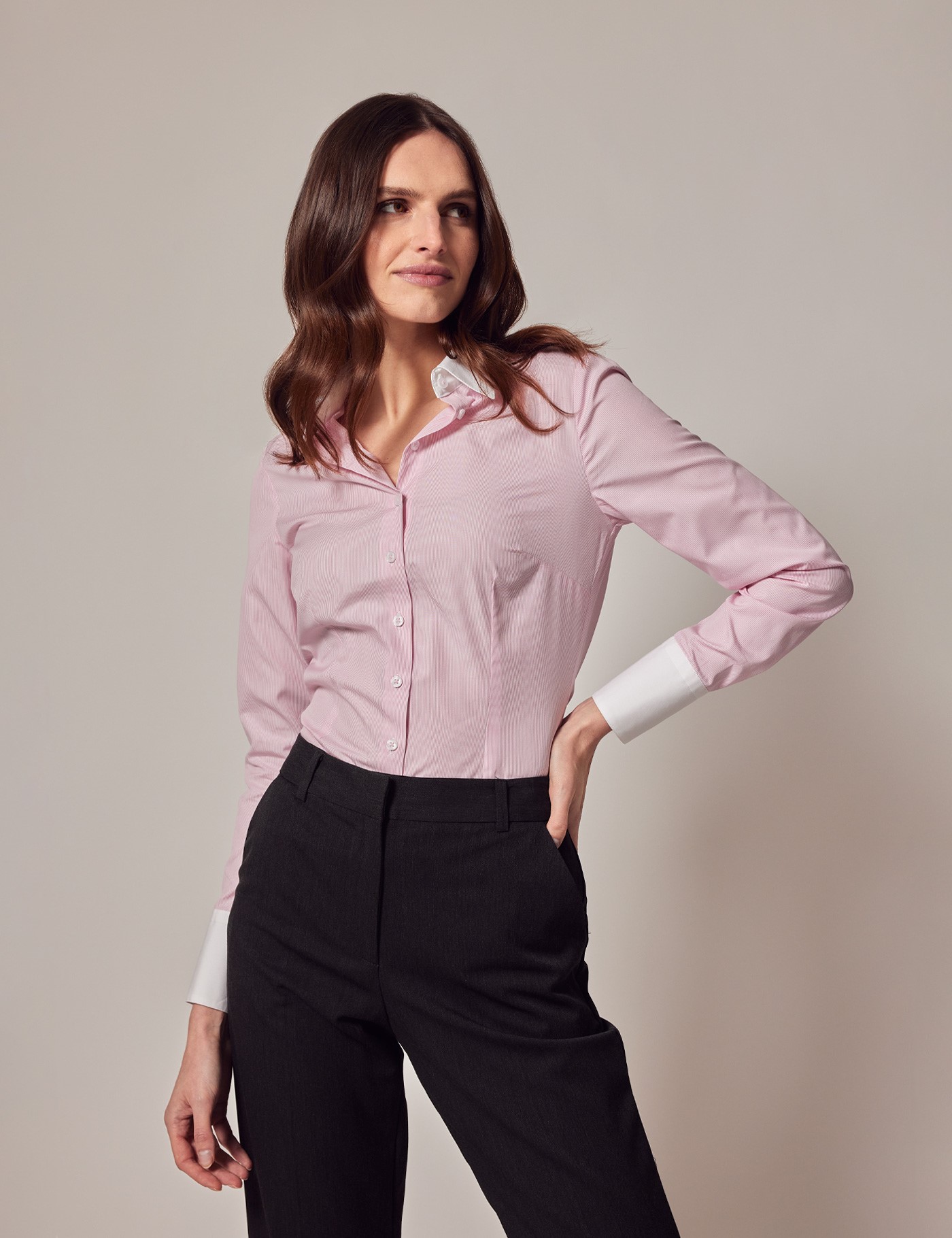 Women's Executive Pink & White Pin Stripe Fitted Shirt With White ...