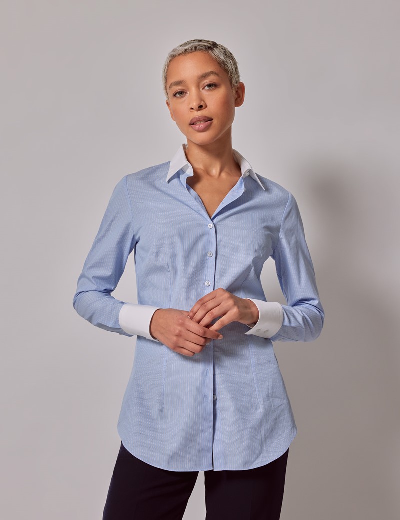 Women's Executive Blue & White Stripe Fitted Shirt - White Collar and Cuffs