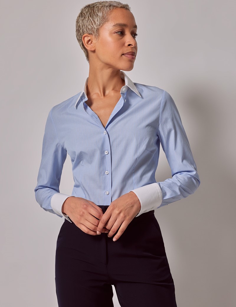 Women's Executive Blue & White Stripe Fitted Shirt - White Collar and Cuffs