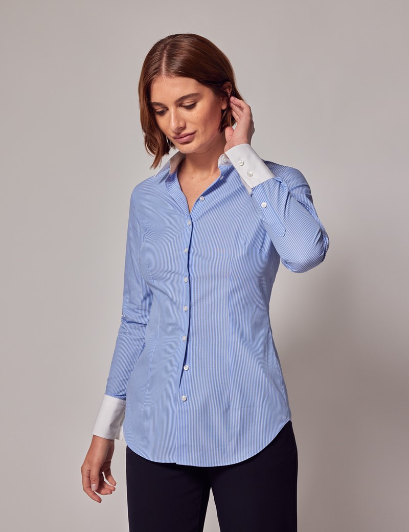 Women's Executive Blue & White Fine Stripe Fitted Shirt - White Collar ...