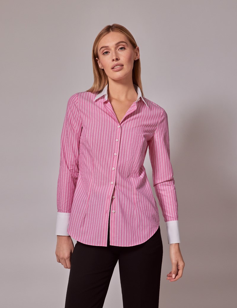 Women's Executive Pink Stripe Fitted Shirt - White Collar and Cuffs ...