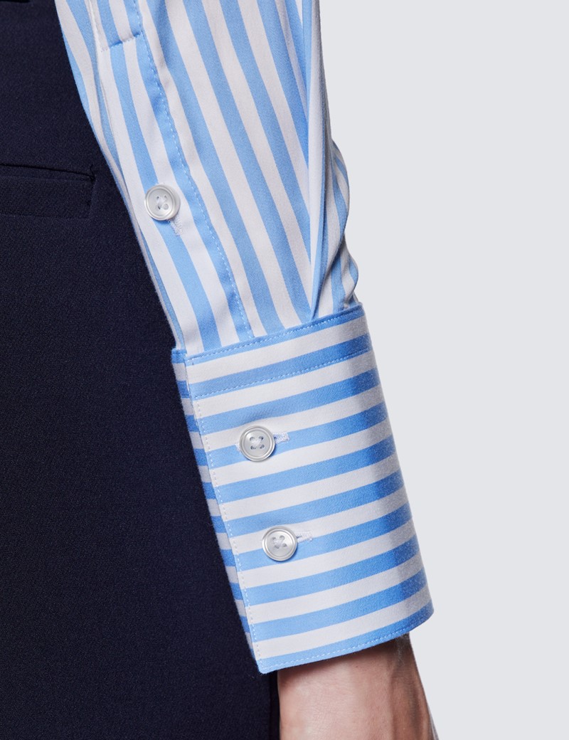 Women's Blue & White Bengal Stripe Fitted Luxury Cotton Nylon Shirt - Single Cuffs