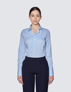 Women's Blue & White Bengal Stripe Fitted Luxury Cotton Nylon Shirt - Single Cuffs