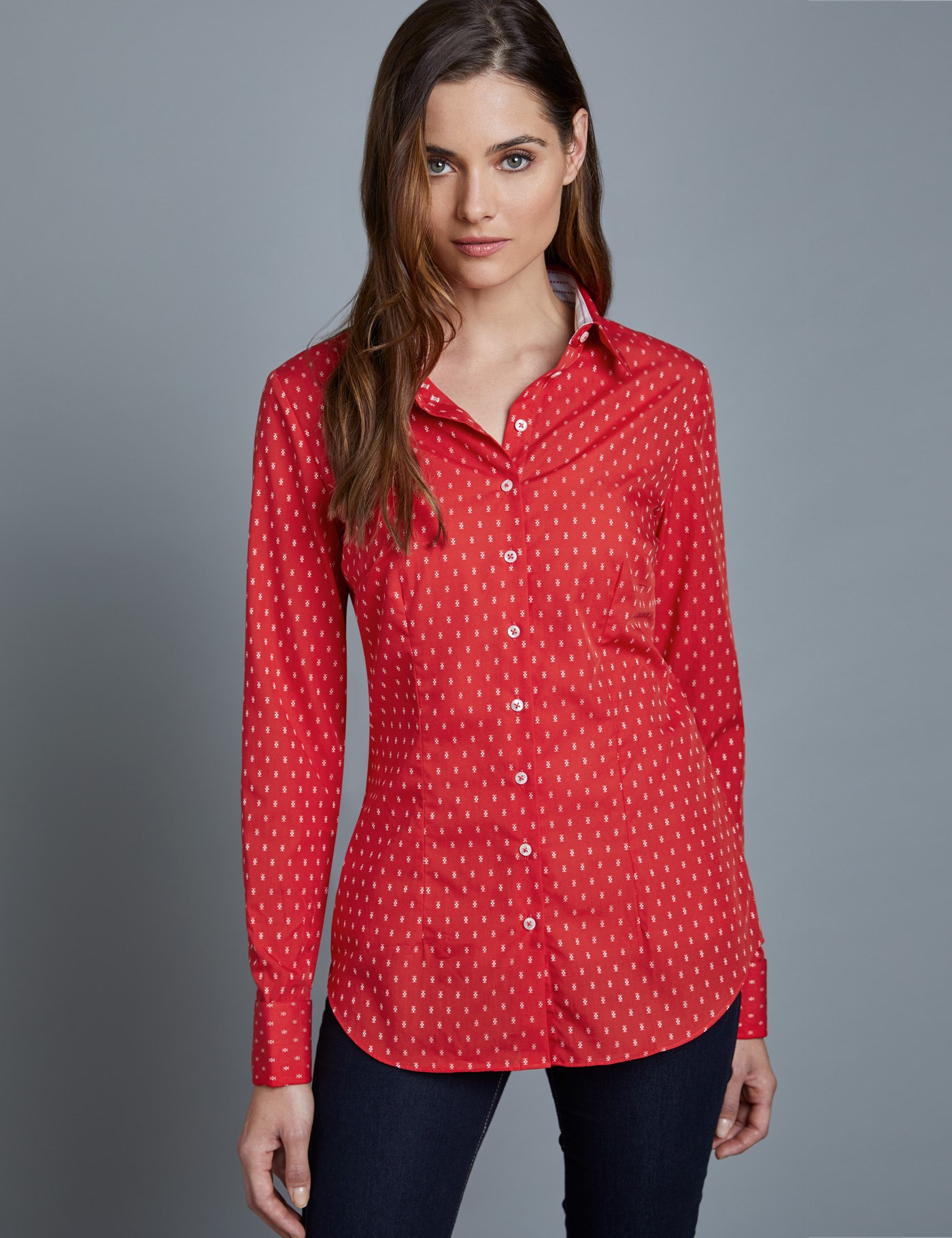 Women’s Red & White Dobby Fitted Shirt – Double Cuffs | Hawes & Curtis