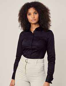 Women's Black Fitted Cotton Stretch Shirt - Double Cuff | Hawes & Curtis