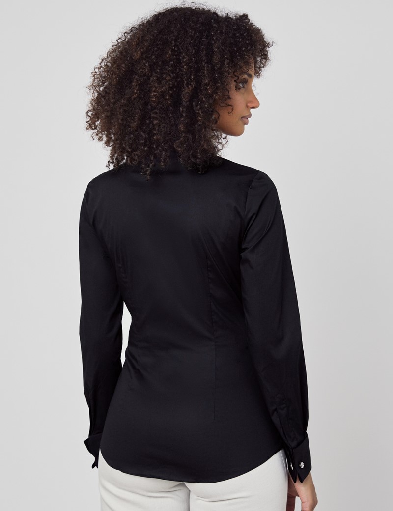 Women's Black Fitted Cotton Stretch Shirt - Double Cuff