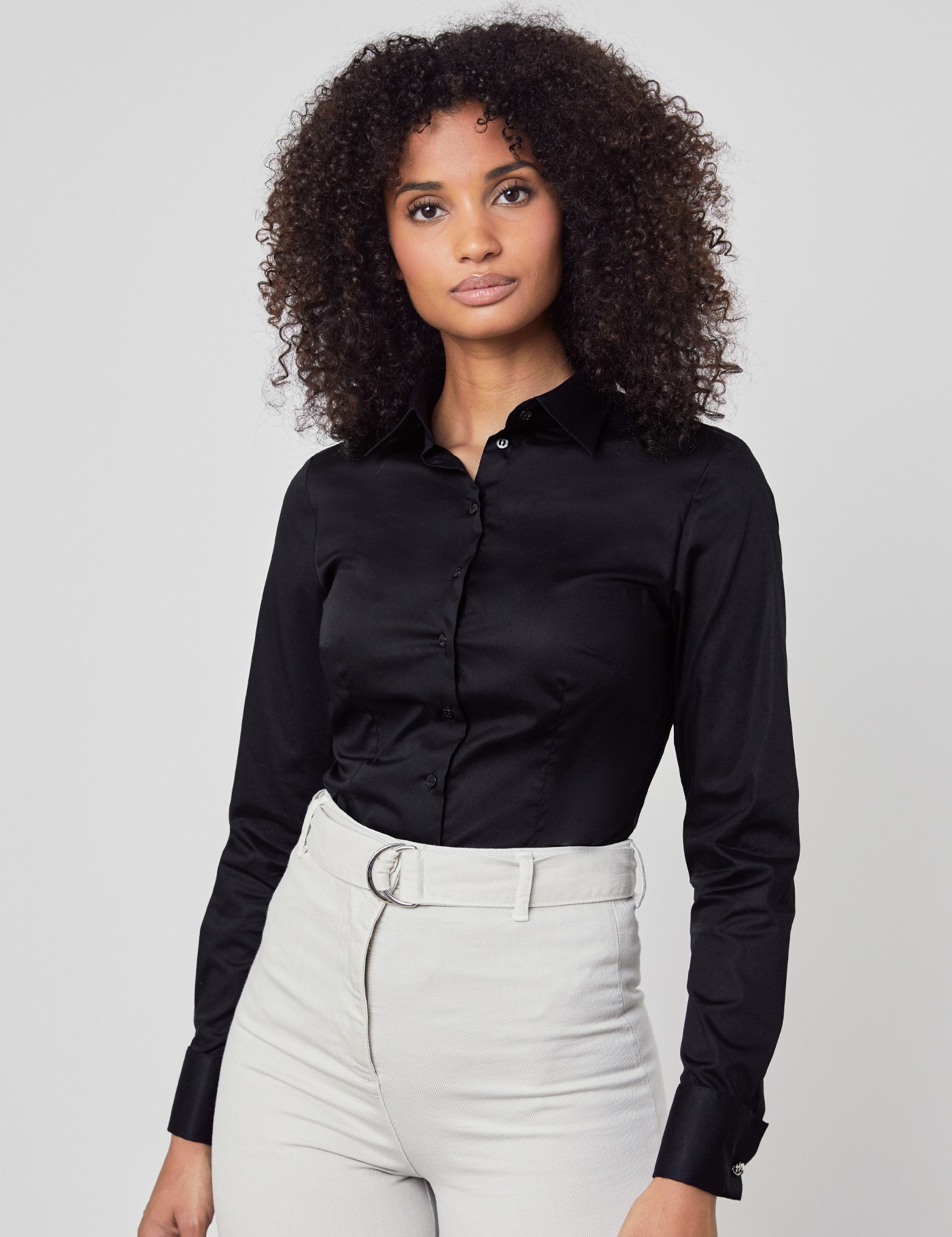 Image of Hawes & Curtis Women's Fitted Cotton Stretch Shirt in Black Size  Double Cuff