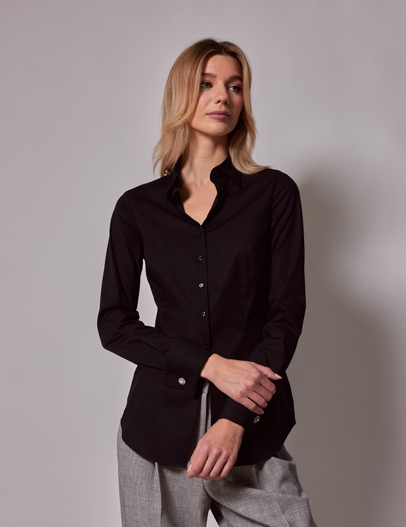 Women's Black Fitted Cotton Stretch Shirt - Double Cuffs | Hawes & Curtis