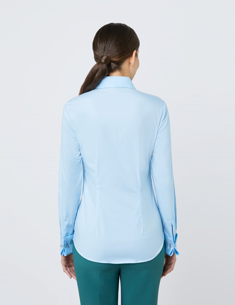 Women's Ice Blue Fitted Cotton Stretch Shirt - Double Cuff
