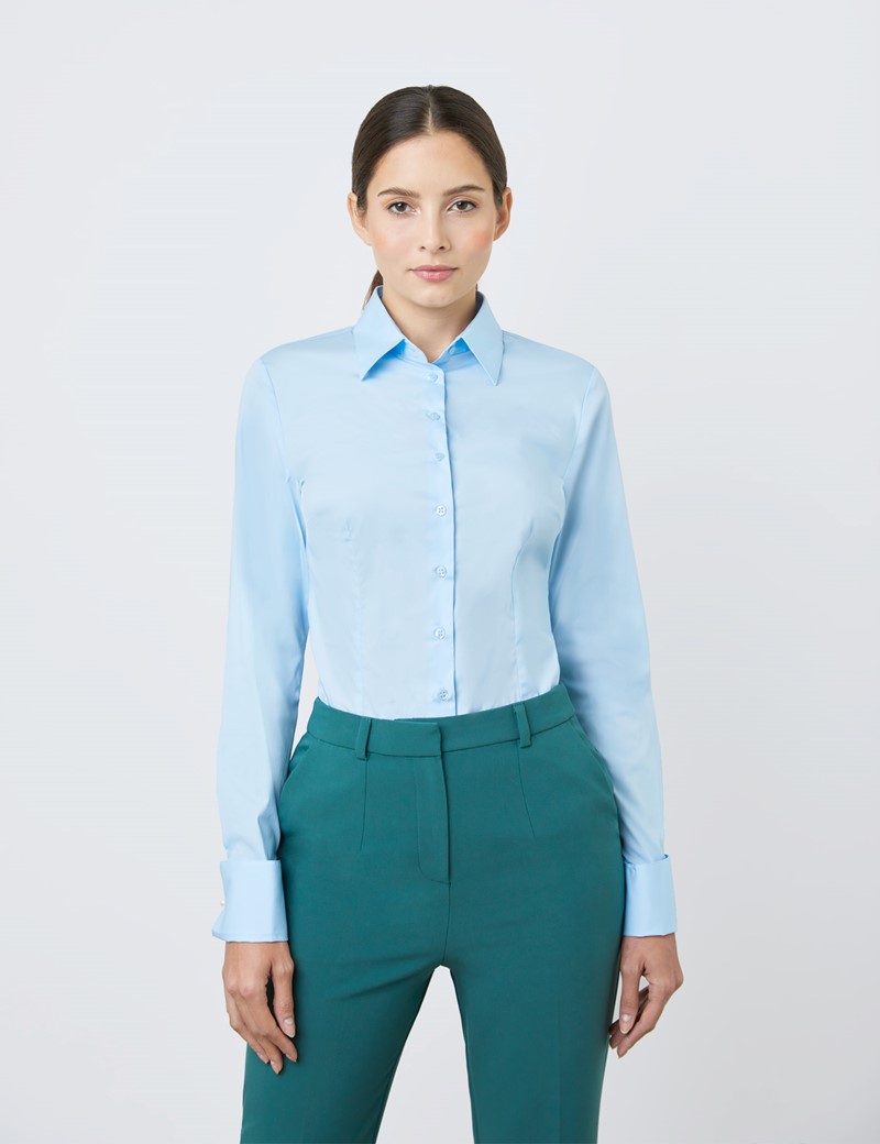 Women's Ice Blue Fitted Cotton Stretch Shirt - Double Cuff