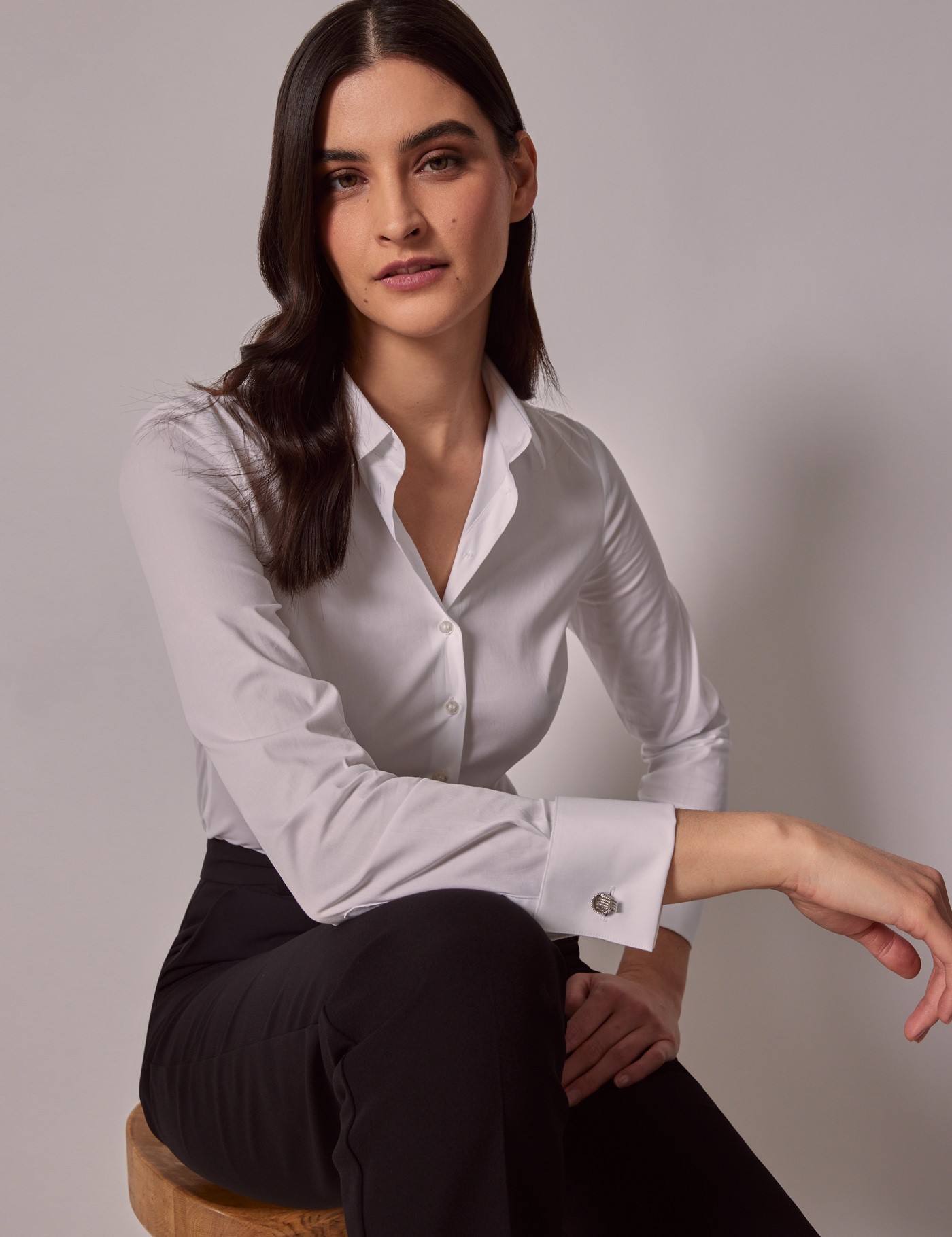 Women's White Fitted Cotton Stretch Shirt - French Cuffs | Hawes & Curtis