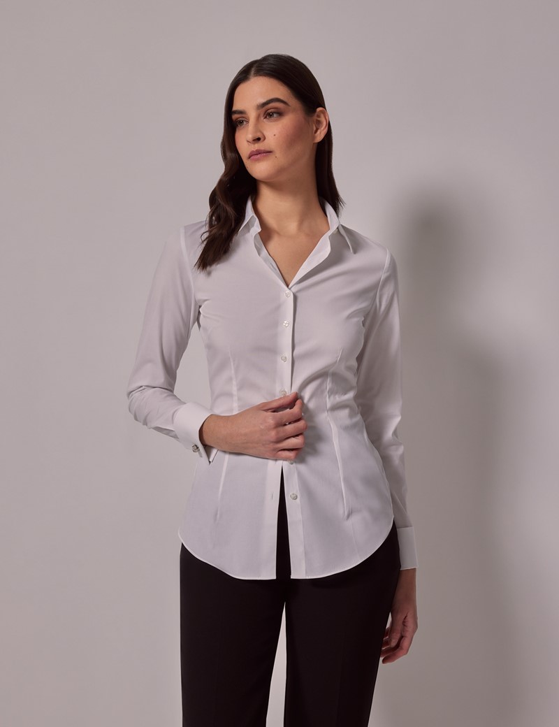 Women's White Fitted Cotton Stretch Shirt - Double Cuffs | Hawes & Curtis