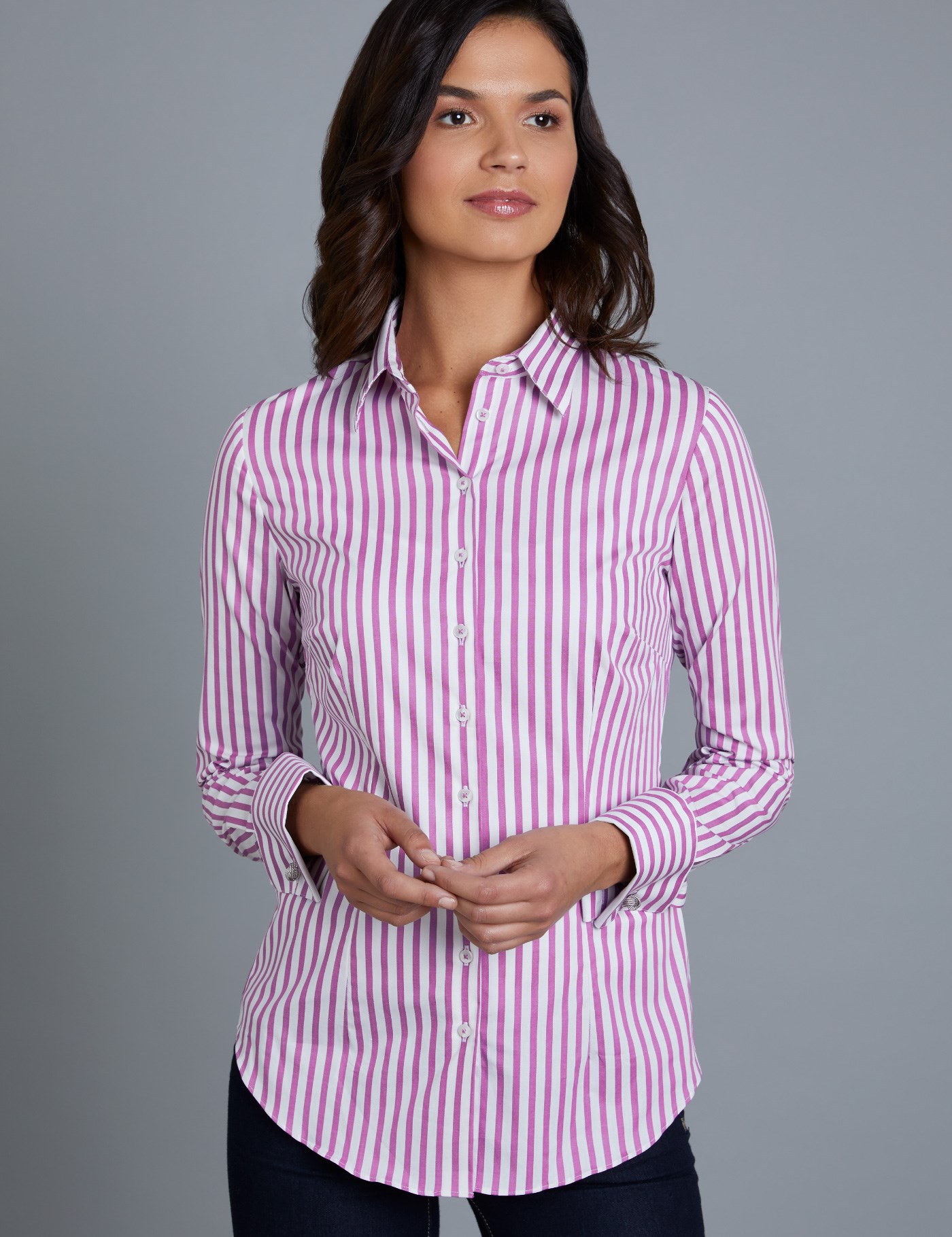 Women's Pink & White Stripe Fitted Shirt With Contrast Detail - Double ...