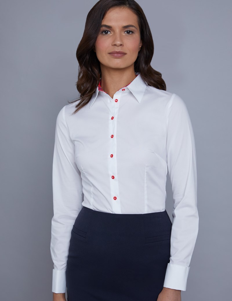 Women's White Fitted Shirt With Floral Contrast Detail - Double Cuff ...