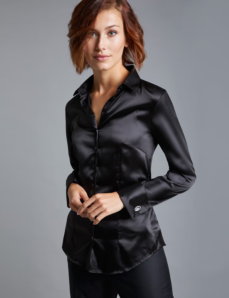Women's Black Fitted Satin Shirt - French Cuff | Hawes & Curtis