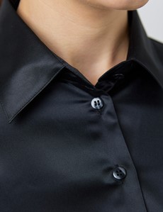 Women's Black Fitted Satin Shirt - Double Cuff