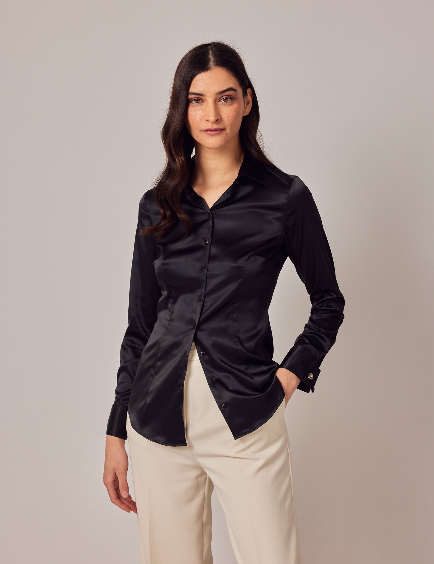Women's Black Fitted Satin Shirt - Double Cuffs