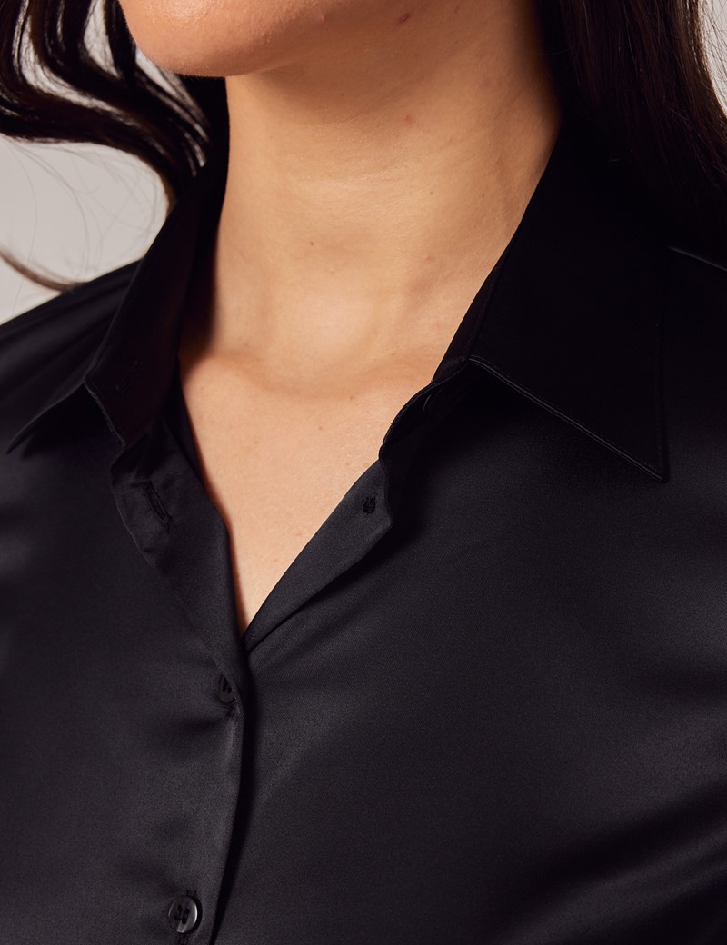 Black Fitted Satin Shirt - Double Cuff