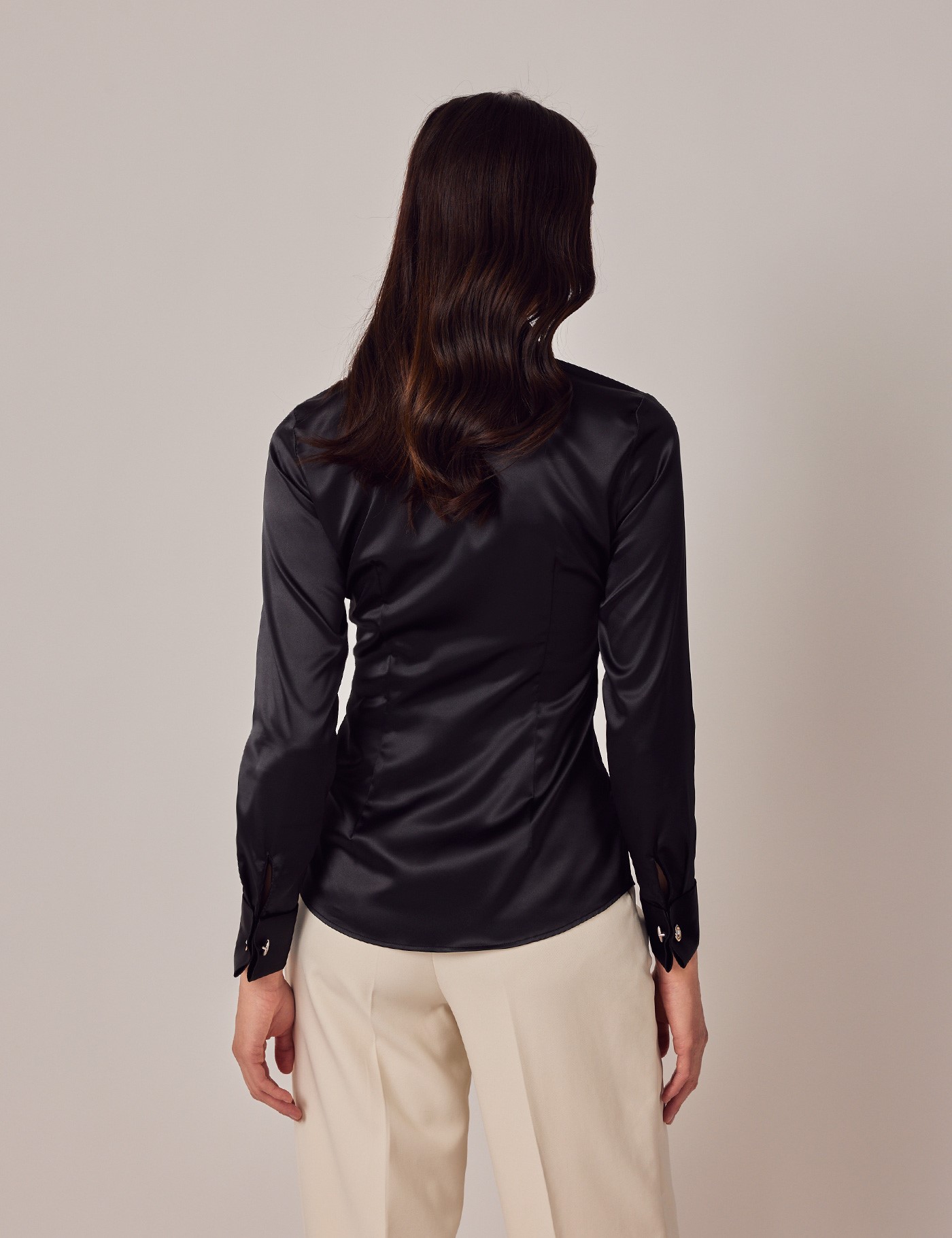 Women's Black Fitted Satin Shirt - Double Cuff | Hawes & Curtis