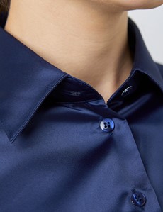 Women's Navy Fitted Satin Shirt - Double Cuff