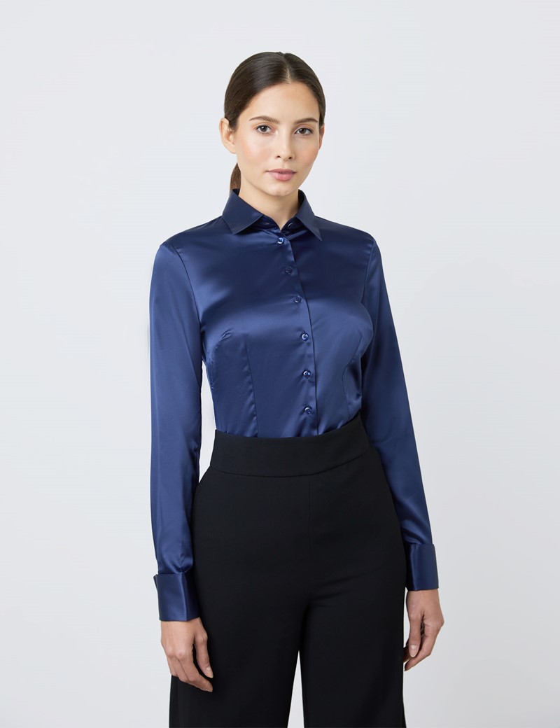 Women's Navy Fitted Satin Shirt - Double Cuff