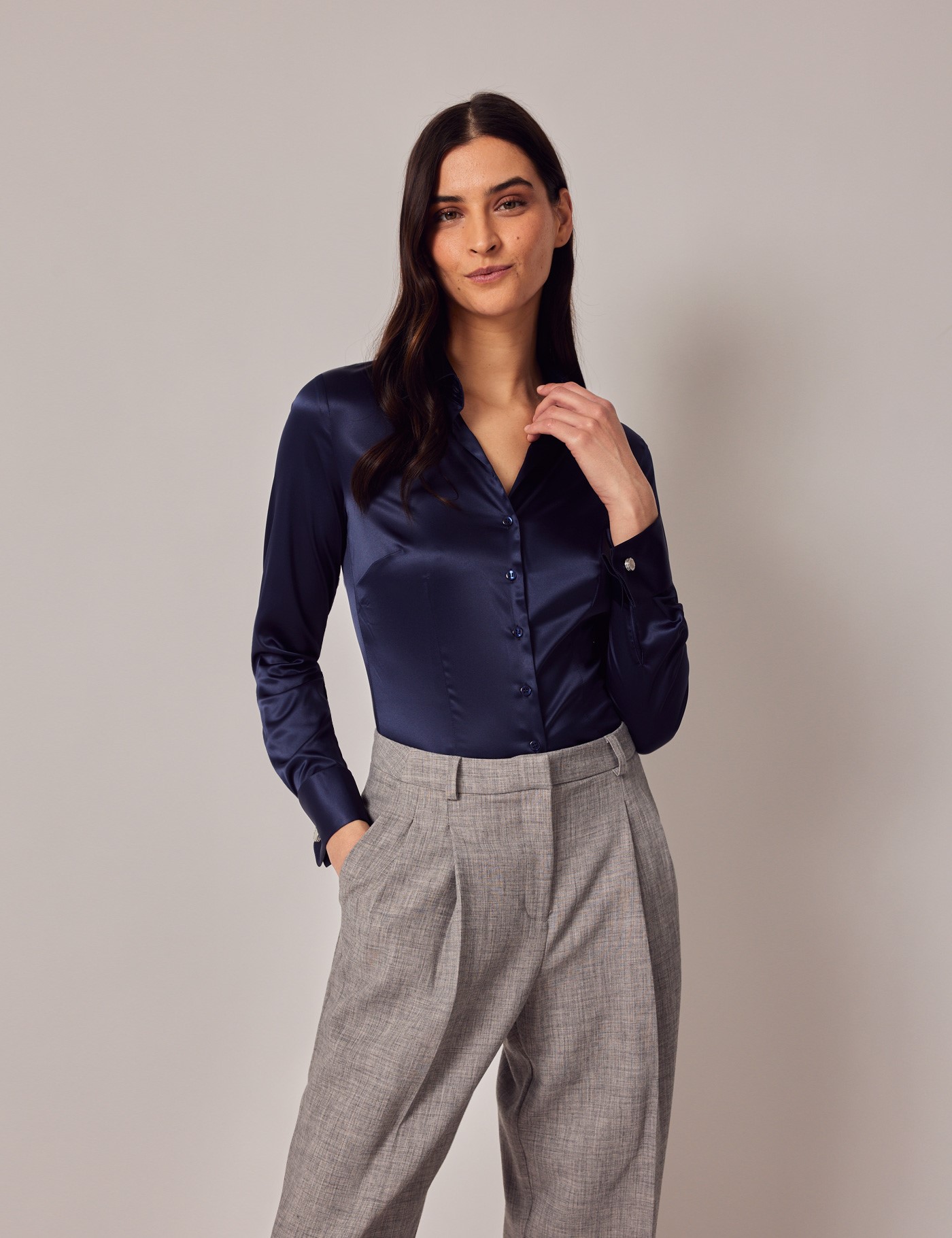 Women's Navy Fitted Satin Shirt - Double Cuff | Hawes & Curtis