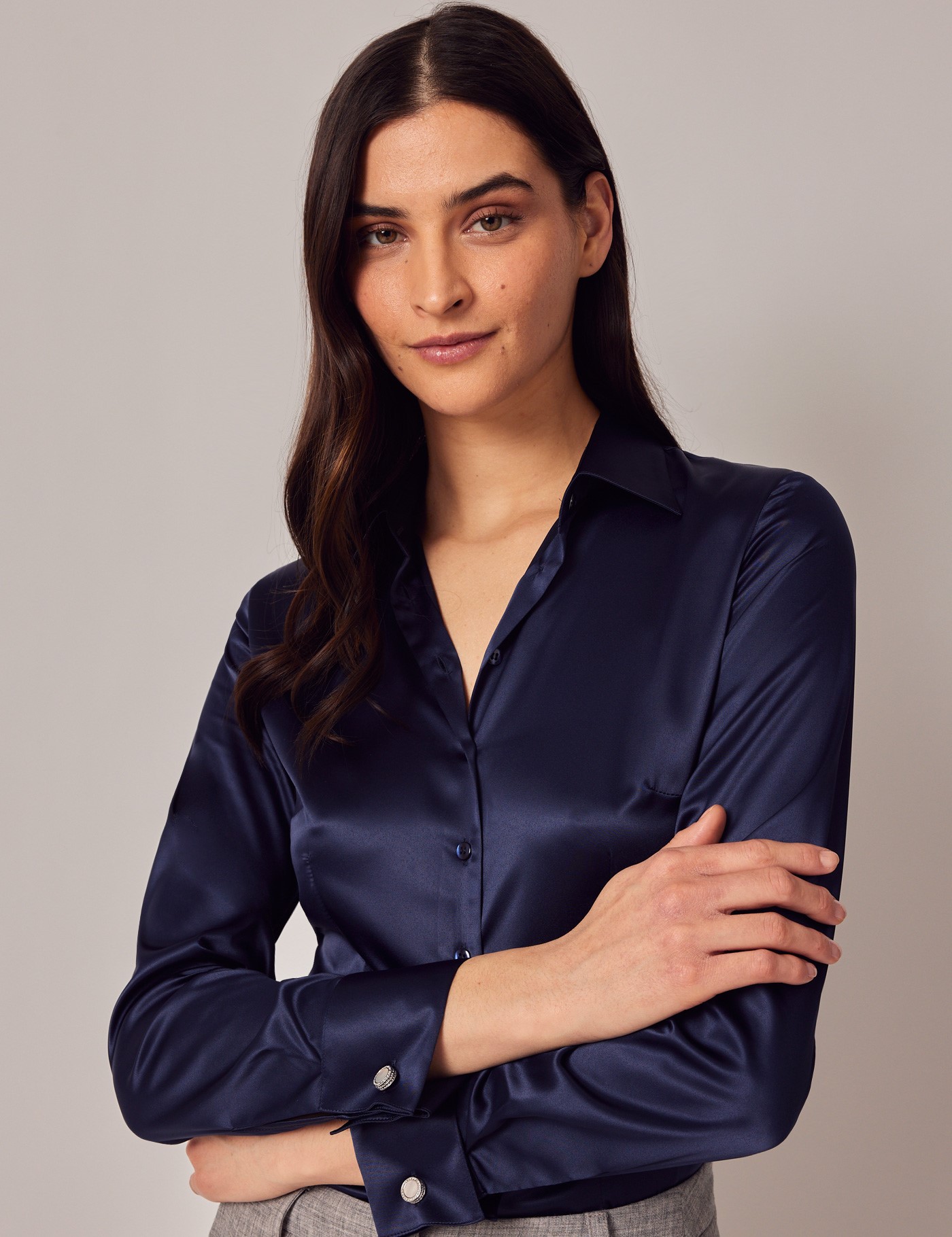 Women's Navy Fitted Satin Shirt - Double Cuff | Hawes & Curtis