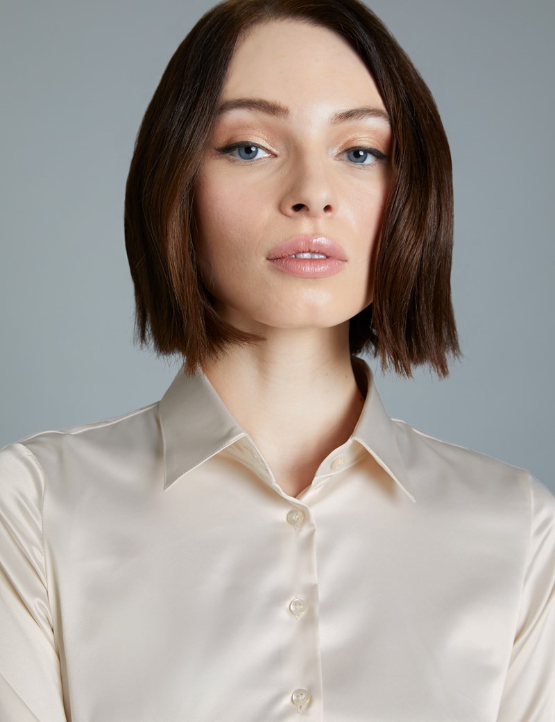 Women's Cream Fitted Satin Shirt Double Cuff Hawes & Curtis