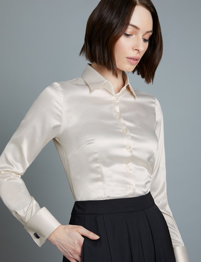 Women's Cream Fitted Satin Shirt - Double Cuff | Hawes & Curtis