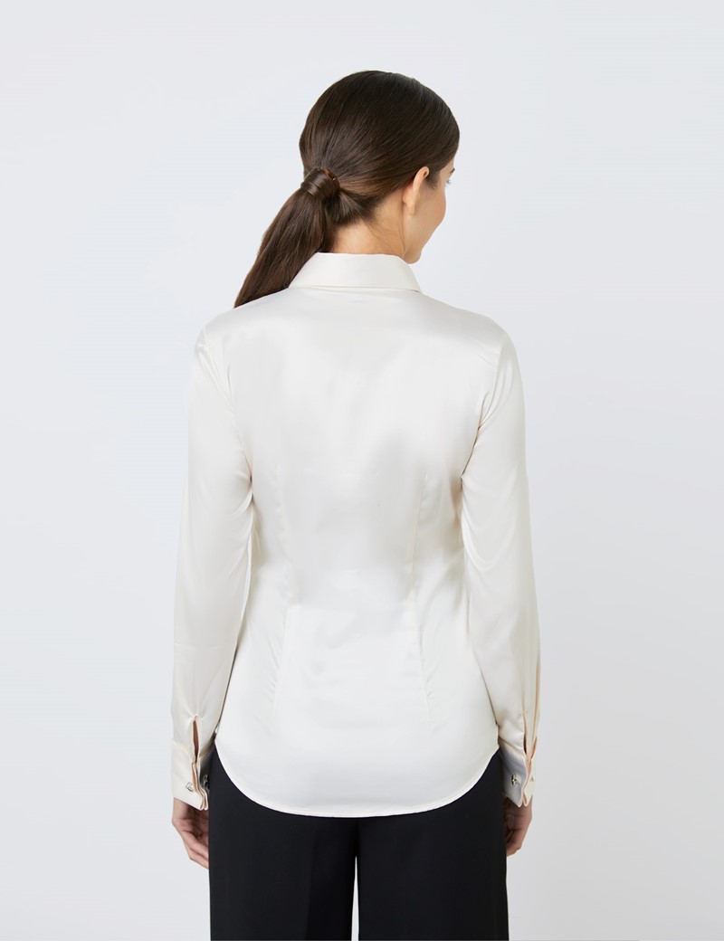 Women's Cream Fitted Satin Shirt - Double Cuff