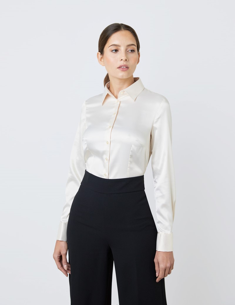 Women's Cream Fitted Satin Shirt - Double Cuff