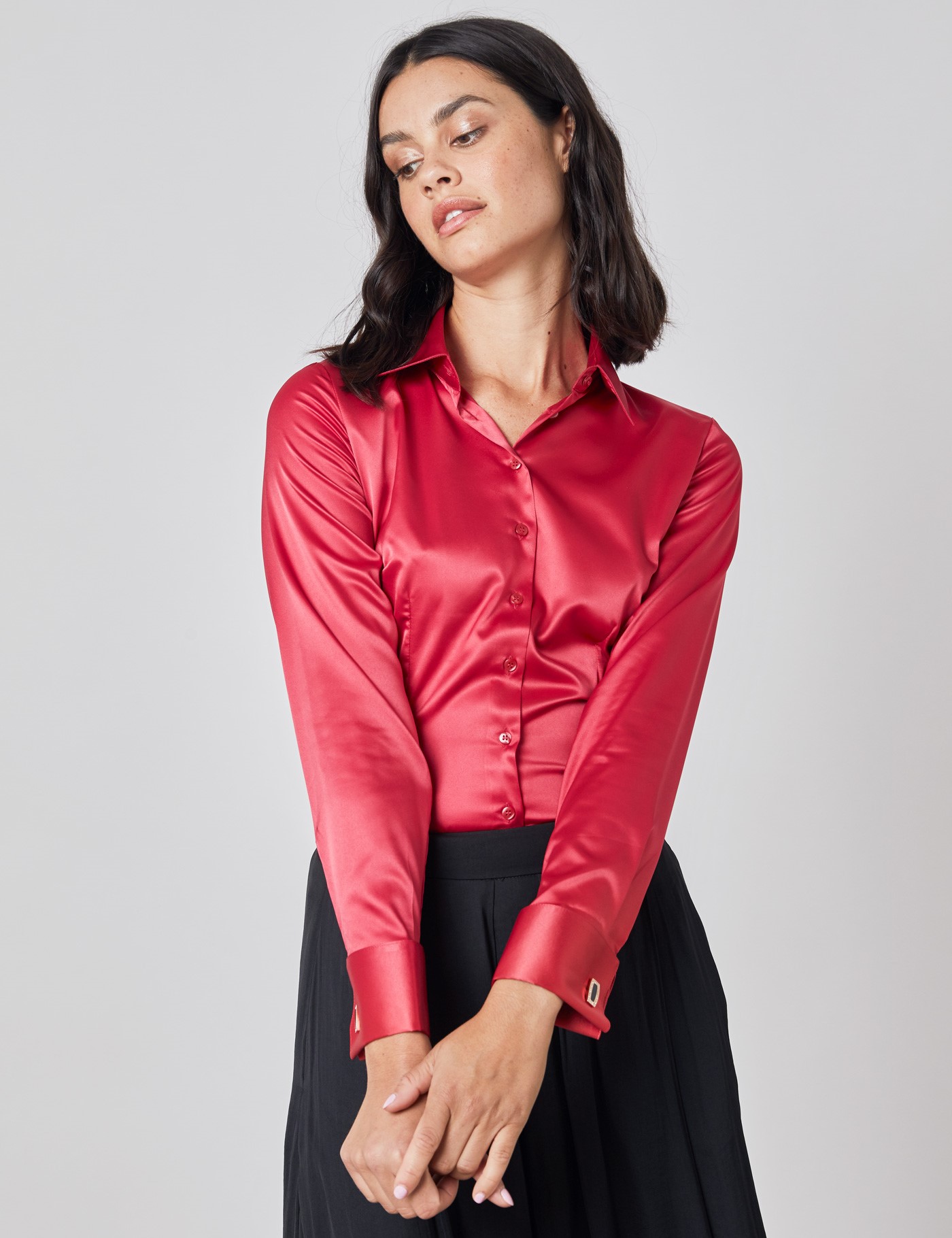 Women S Fitted Satin Shirt With Double Cuff In Red Hawes And Curtis Usa