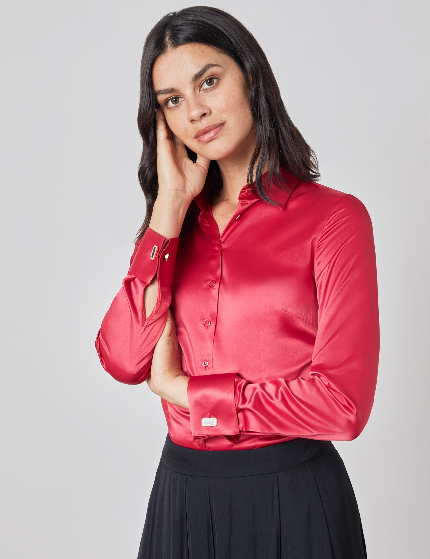 Women's Fitted Satin Shirt with Double Cuff in Red | Hawes & Curtis | USA