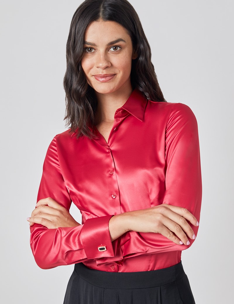 Women's Red Fitted Satin Shirt - French Cuff