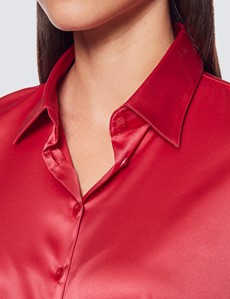 Women's Red Fitted Satin Shirt - Double Cuff