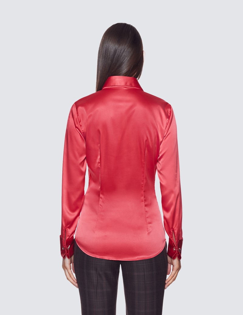 Women's Red Fitted Satin Shirt - Double Cuff