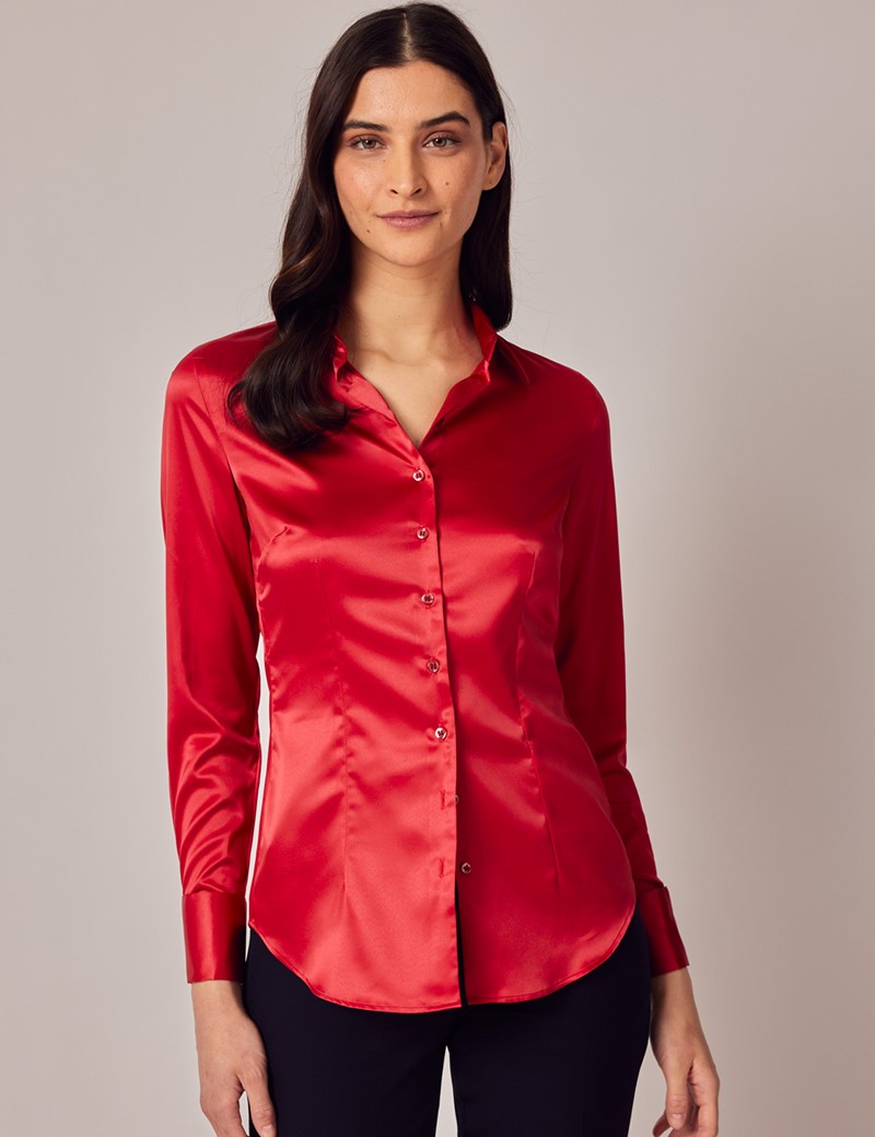 Women's Red Fitted Satin Shirt - Double Cuffs