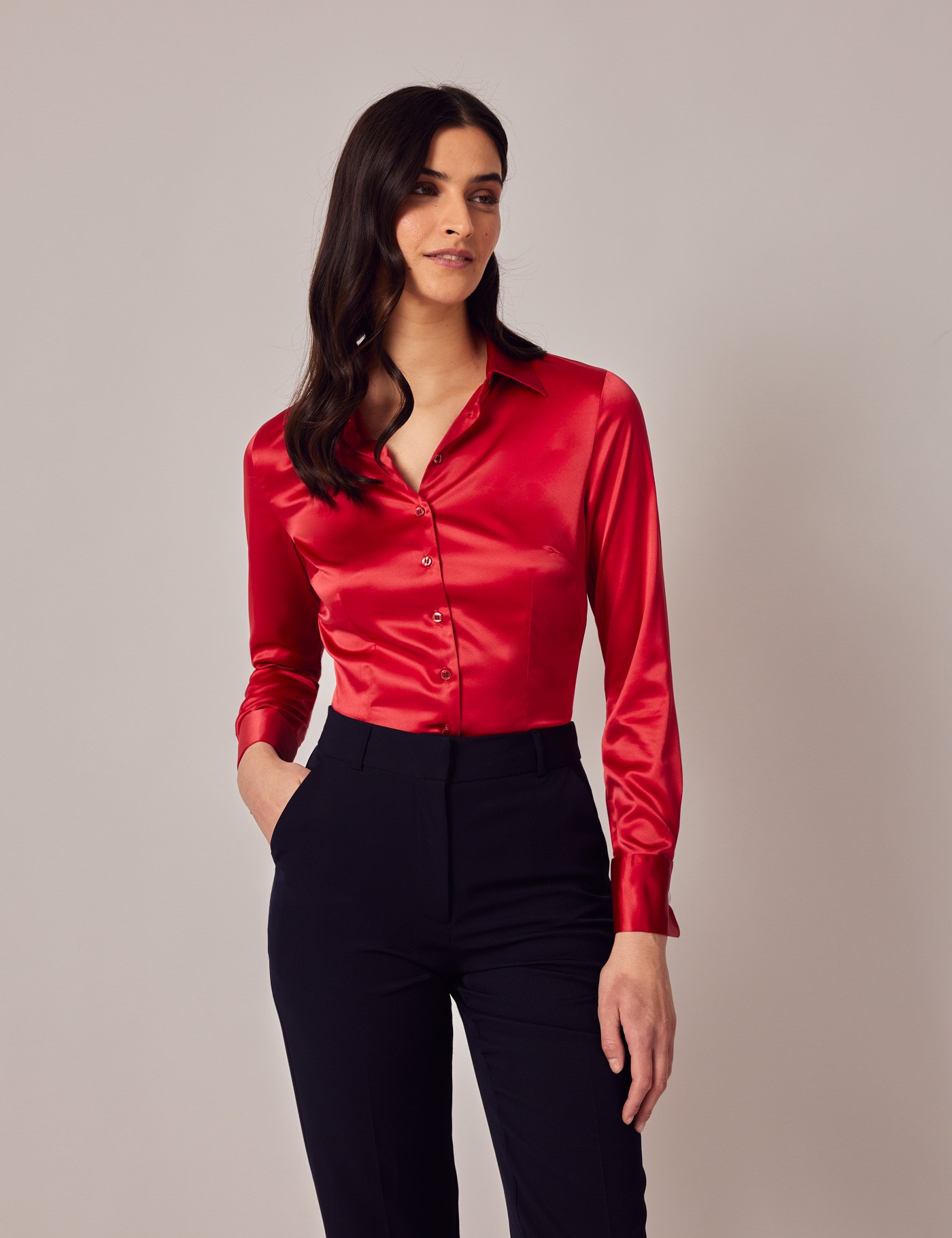 Women S Fitted Satin Shirt With Double Cuff In Red Hawes And Curtis Usa