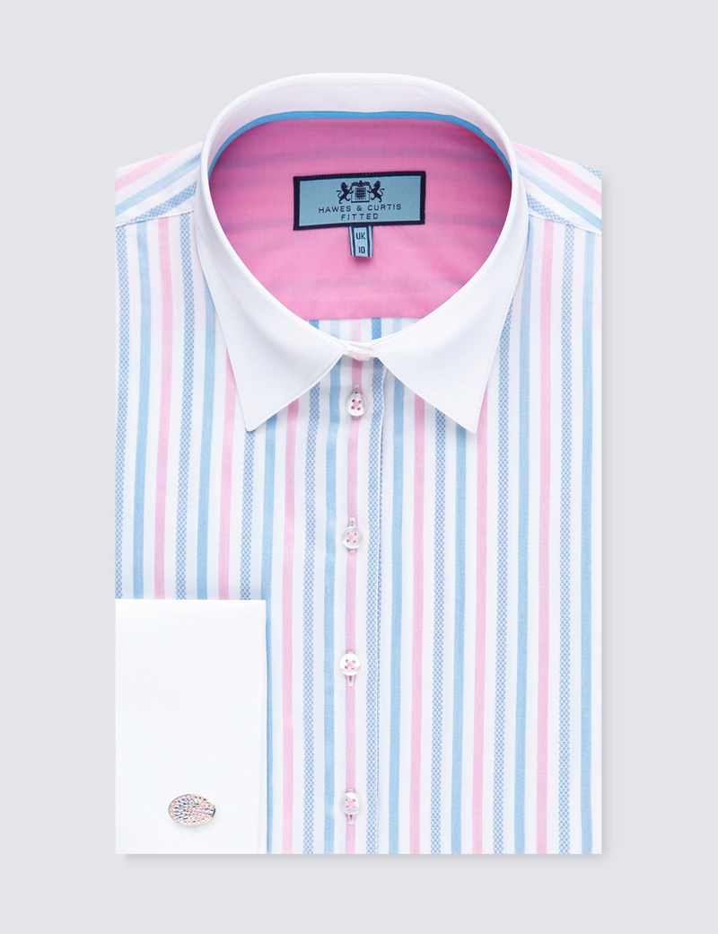 Women’s Blue & Pink Stripe Fitted Shirt – Double Cuffs | Hawes & Curtis