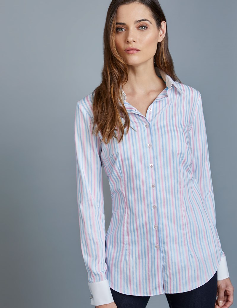 Women’s Blue & Pink Stripe Fitted Shirt – Double Cuffs | Hawes & Curtis